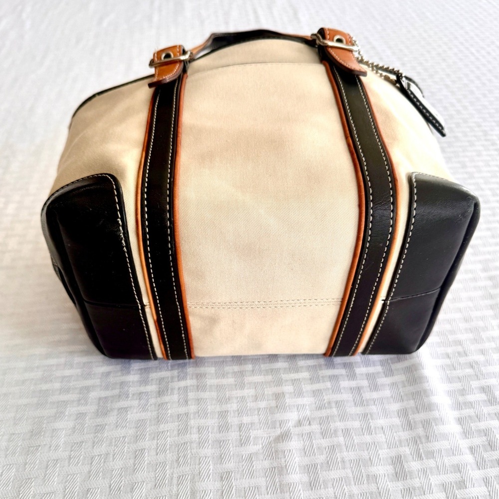 Coach Hampton Canvas Leather Trim Tote Bag Cream Black Tan 7741 Small Shoulder - Picture 4 of 16
